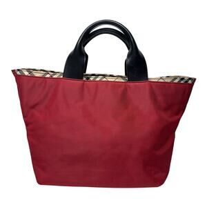 Burberry Blue Label Red Nylon w Nova Check at Zipper Tote